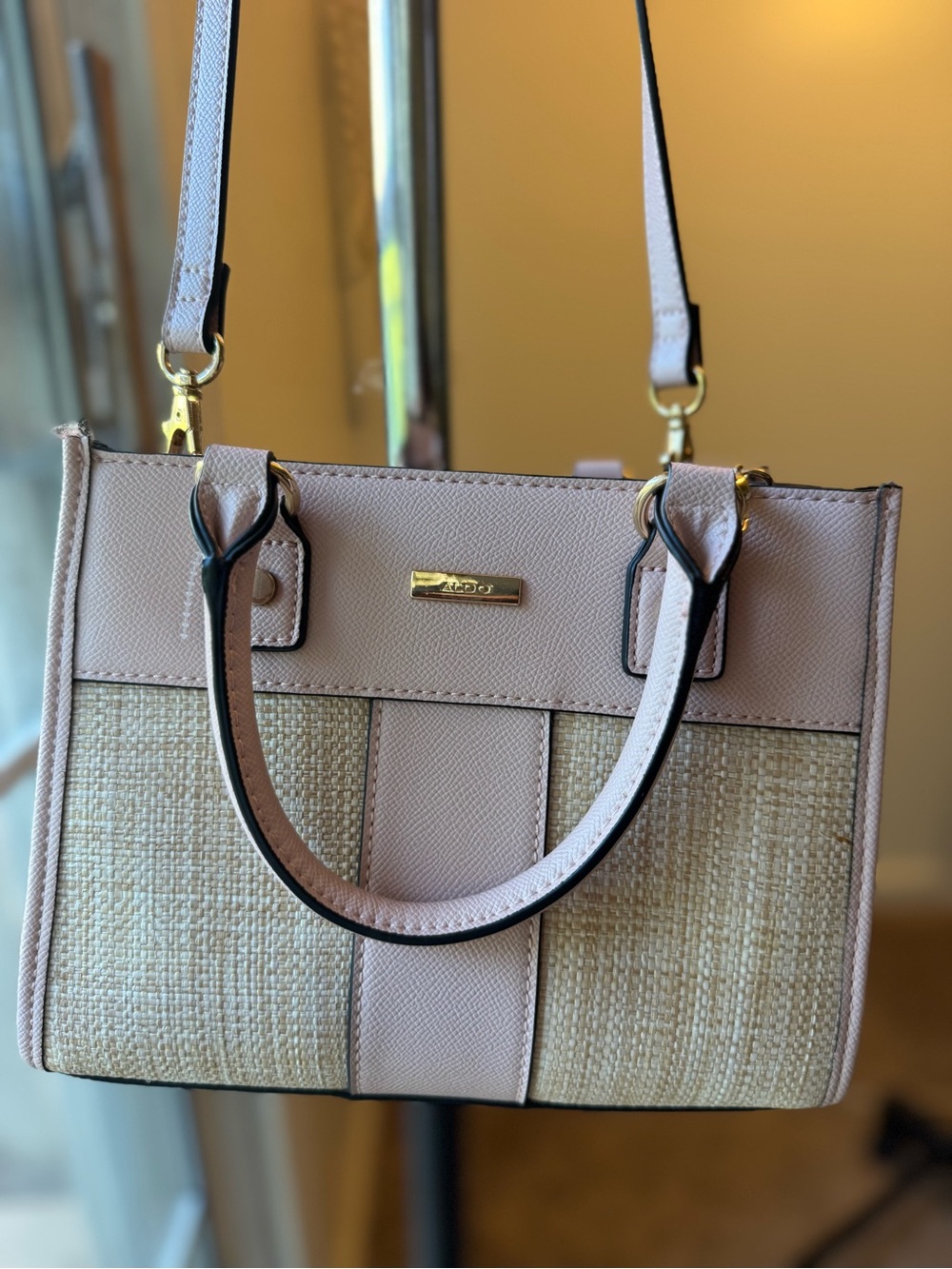 Aldo Blush Pink Straw-Panel Satchel